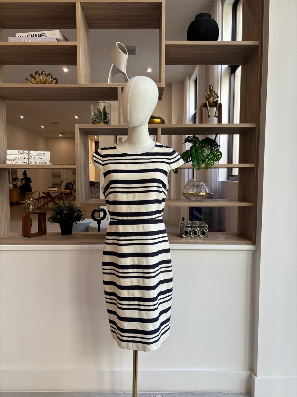 J. Crew navy blue  and White Striped Midi Dress